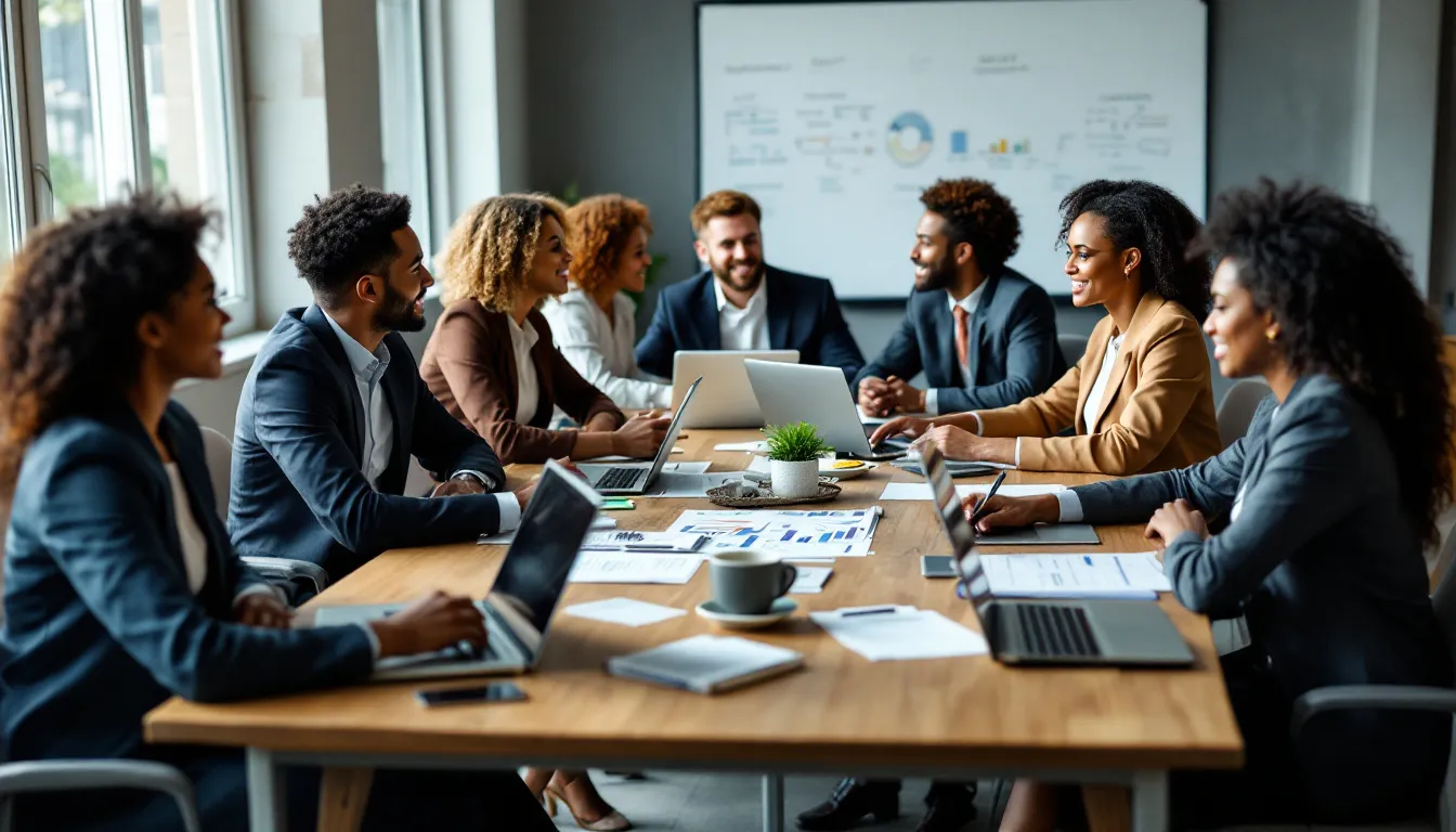 In the image, a diverse group of professionals is engaged in a strategic planning session, surrounded by leadership development materials. They are collaborating to enhance their leadership skills and explore effective strategies for driving organizational success in a rapidly changing work environment.