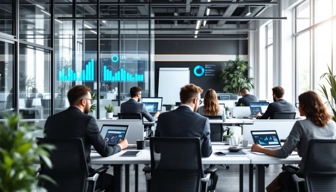 In a modern office environment, employees are collaborating on laptops while digital screens display business analytics, showcasing a vibrant organizational culture focused on effective leadership and managing change. The scene reflects a change management process where key stakeholders engage in discussions to implement change initiatives that drive successful organizational change.