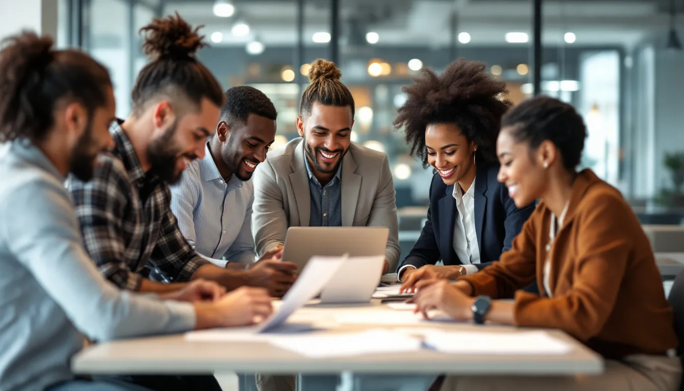 In the image, a diverse team of professionals collaborates around a table, actively discussing ideas and strategies while maintaining a positive workplace culture. Their engagement reflects a commitment to cultural transformation and teamwork, showcasing how a strong company culture can drive business success and employee satisfaction.