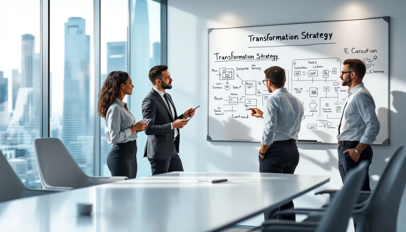 In a modern conference room, a business team engages in a discussion about their transformation strategy, surrounded by charts and diagrams on a whiteboard that illustrate their change management process. The meeting focuses on key stakeholders and effective leadership to drive successful organizational change initiatives.
