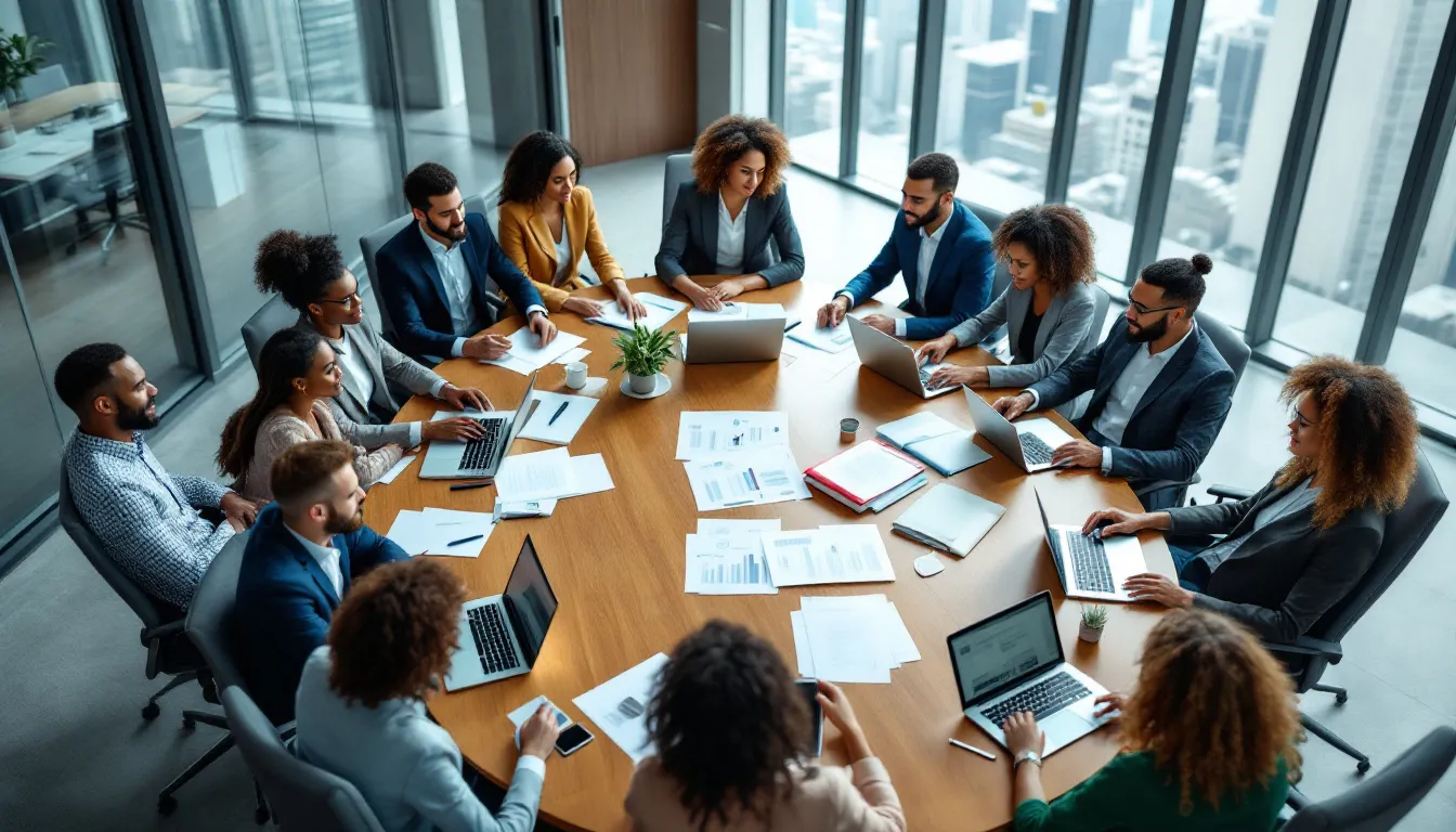 A diverse business team is collaborating around a conference table, engaged in discussions with laptops and documents spread out before them, reflecting a strong organizational culture focused on innovation initiatives and achieving business outcomes. The atmosphere suggests clear communication and a commitment to continuous improvement as they work towards their organizational goals.