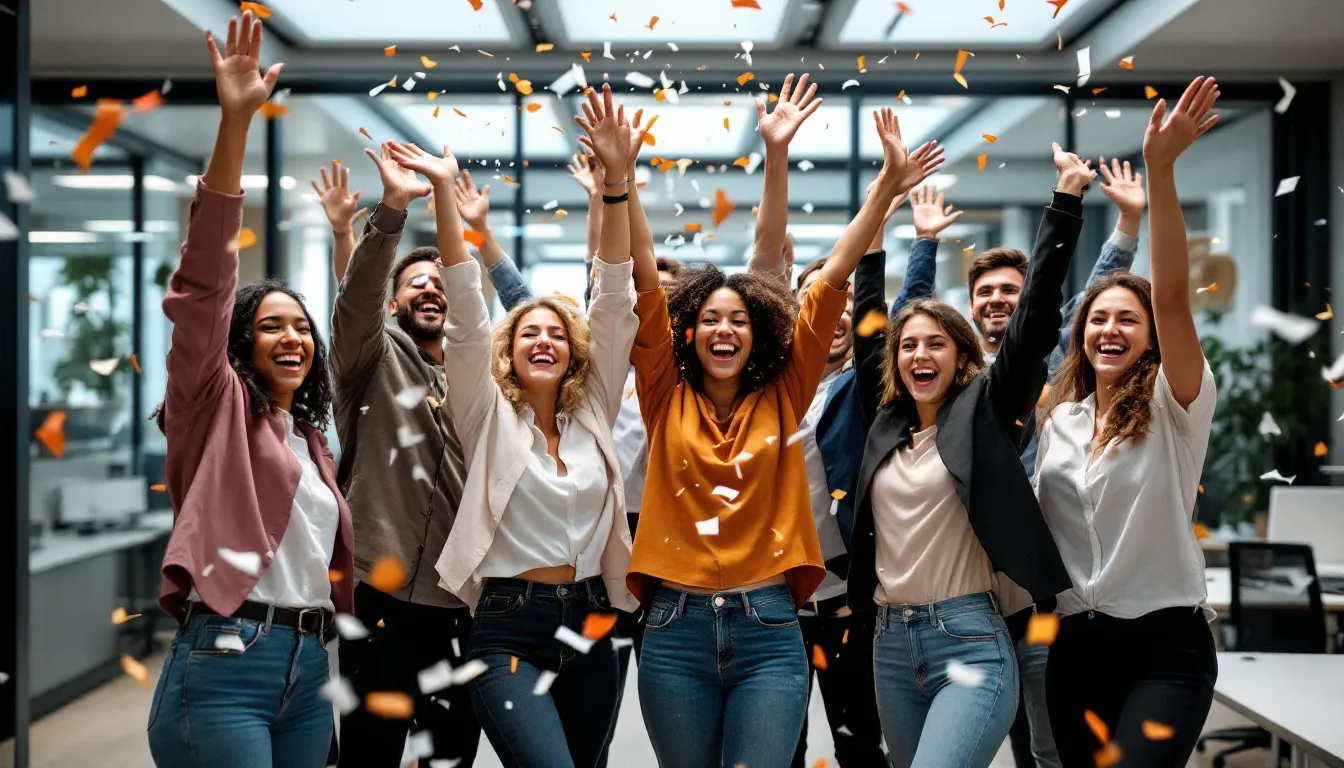 In a modern workplace, a diverse team of professionals joyfully celebrates their achievement, surrounded by confetti and radiant smiles, embodying a positive organizational culture that embraces change and fosters collaboration among key stakeholders. This moment reflects successful change management and the collective effort of employees leading change initiatives towards desired outcomes.