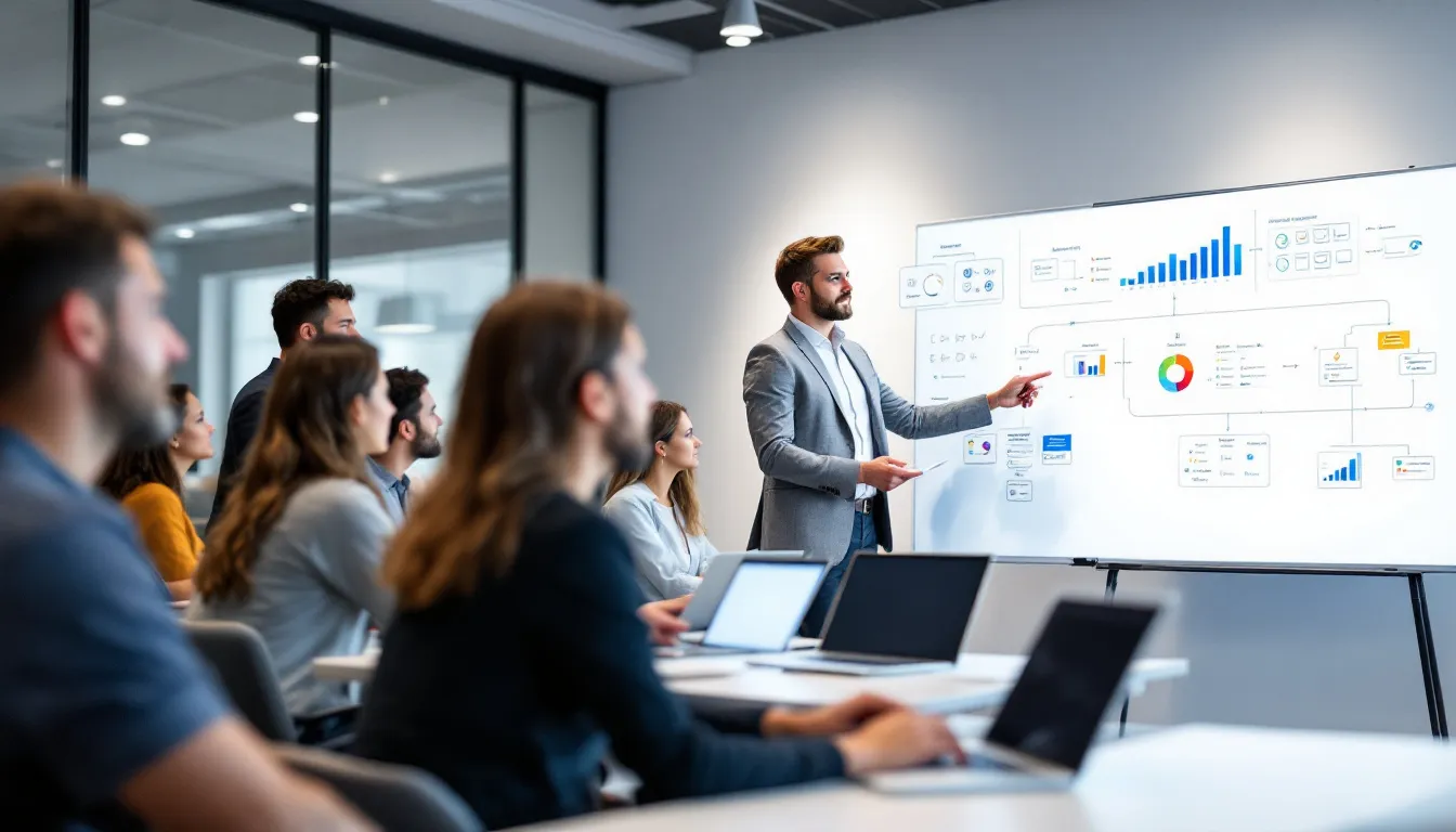 In a training room, professionals are seated with laptops while a trainer presents at a whiteboard filled with charts and process diagrams related to organizational change and change management strategies. The atmosphere reflects a focus on developing skills for leading change and managing organizational change initiatives effectively.