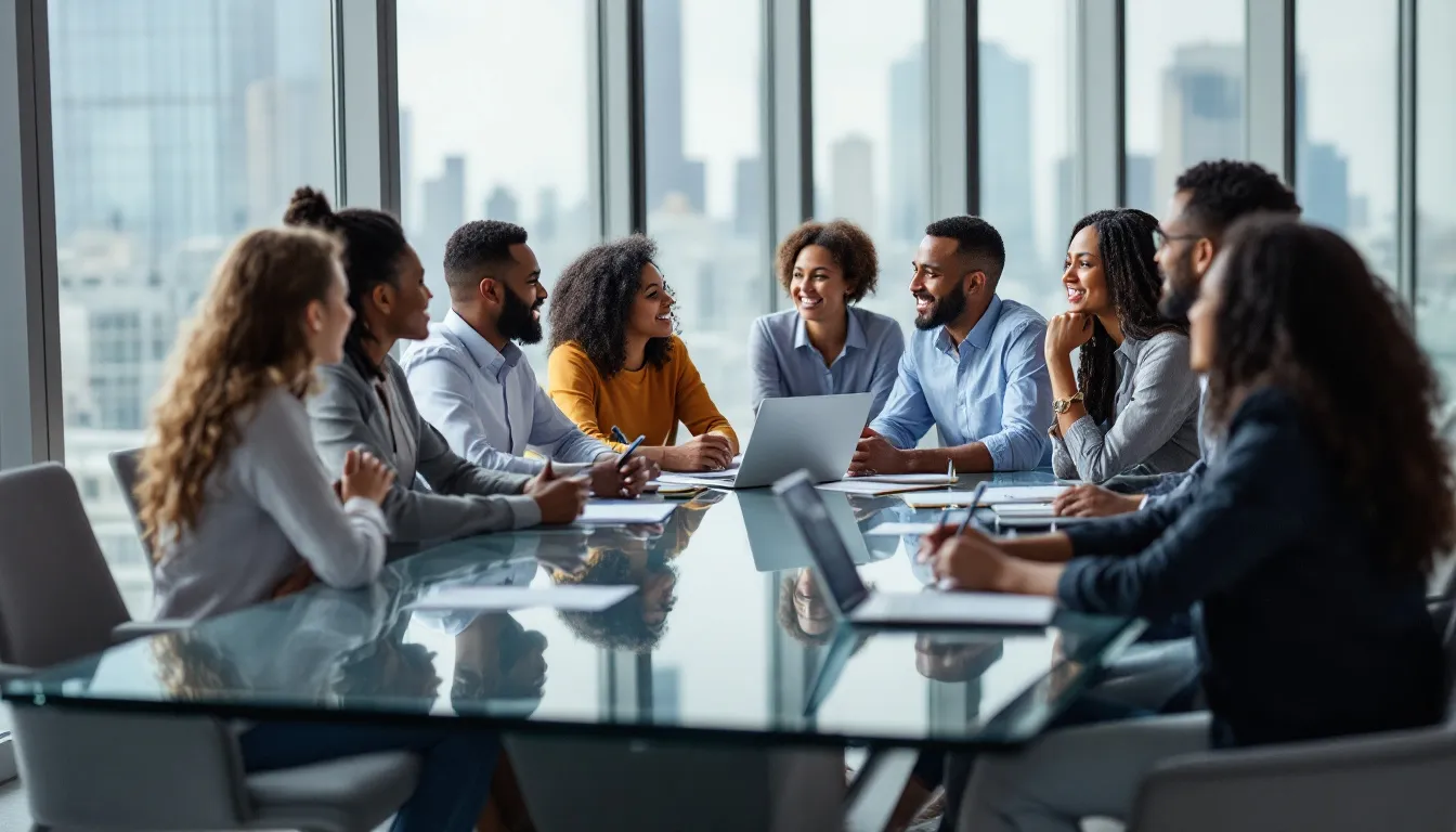 In the image, a diverse group of employees is actively participating in a team meeting, sharing their unique perspectives to foster a positive workplace culture and drive cultural transformation. The atmosphere is collaborative, reflecting engaged employees working together towards common business objectives.